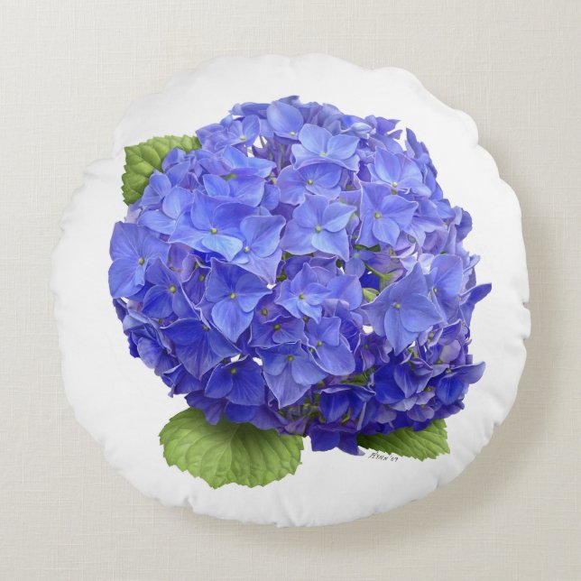 Cojín Redondo Flor azul de hidrangea (Anverso)