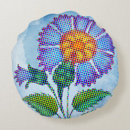 Cojín Redondo Flor Azul Semitono en Arte Fino Azul