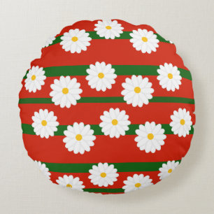 Cojín Redondo Flor blanca de margarita roja Feliz Navidad