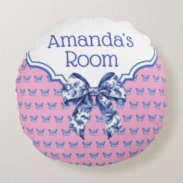 Cojín Redondo Flor blanca de mariposa azul vintage personalizada