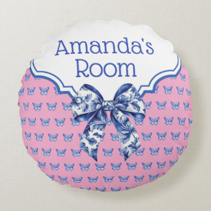 Cojín Redondo Flor blanca de mariposa azul vintage personalizada