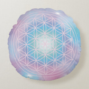 Cojín Redondo Flor Celestial – Geometría Sagrada Flor de la Vida
