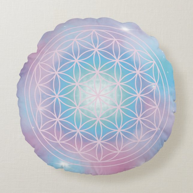 Cojín Redondo Flor Celestial – Geometría Sagrada Flor de la Vida (Anverso)