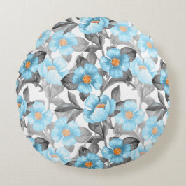 Cojín Redondo Flor de Acuarela Azul - Floral Botánico