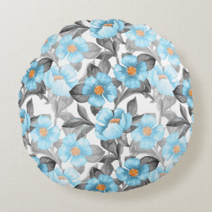 Cojín Redondo Flor de Acuarela Azul - Floral Botánico