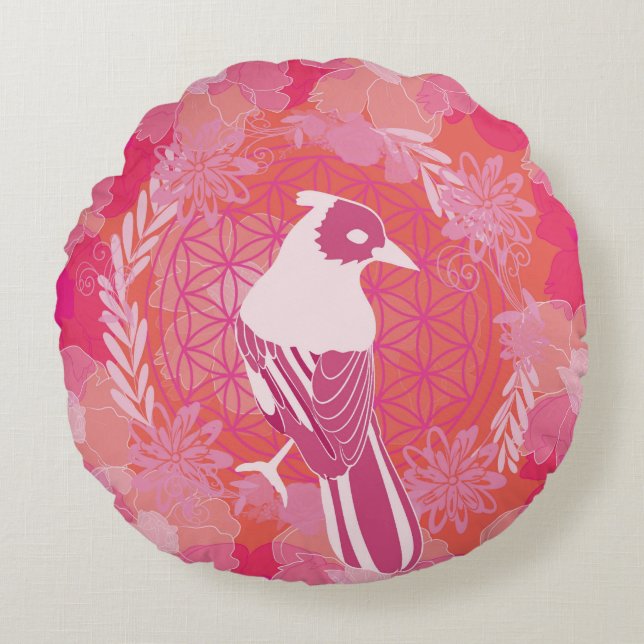 Cojín Redondo Flor de aves de la vida (Anverso)
