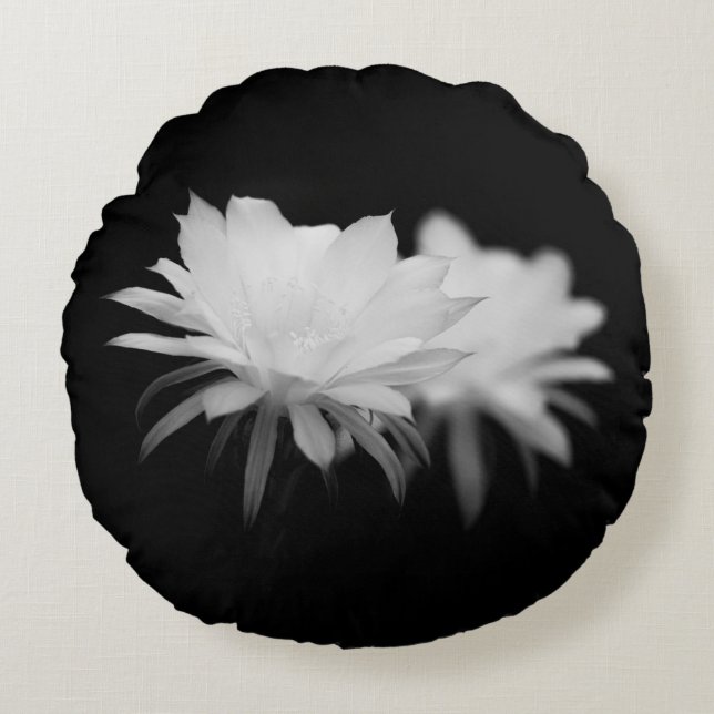 Cojín Redondo Flor de cactus negra y blanca (Anverso)
