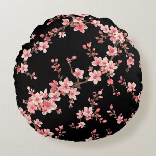 Cojín Redondo Flor de cerezo japonés rosa pálido negro