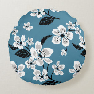 COJÍN REDONDO FLOR DE CEREZO - PATRÓN SAKURA EN AZUL AHUMADO