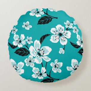COJÍN REDONDO FLOR DE CEREZO - PATRÓN SAKURA EN TEAL