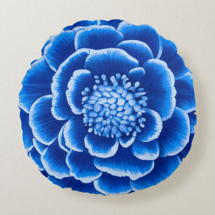 Cojín Redondo Flor de Dahlia azul grande