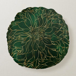 Cojín Redondo Flor de Dalia dorada y verde