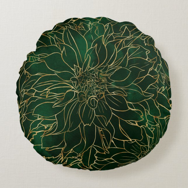 Cojín Redondo Flor de Dalia dorada y verde (Anverso)
