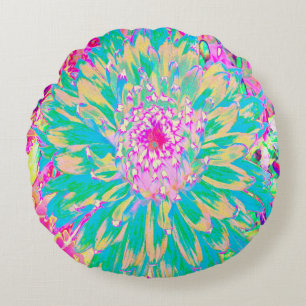 Cojín Redondo Flor de Dalia Verde Turquesa y Rosa Caliente Decor