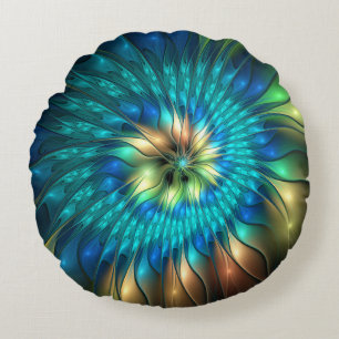 Cojín Redondo Flor de fantasía luminosa, fractal abstracto color