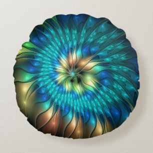 Cojín Redondo Flor de fantasía luminosa, fractal abstracto color