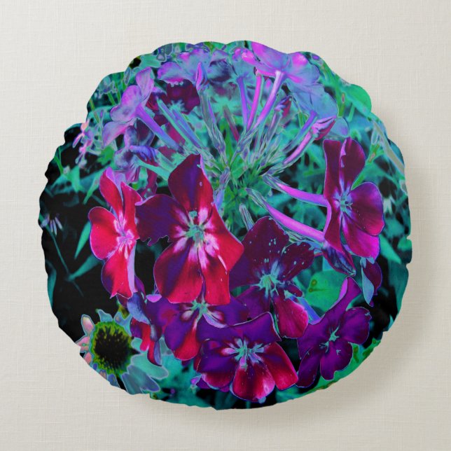 Cojín Redondo Flor de jardín rosada, púrpura y rosada (Anverso)