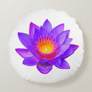 Cojín Redondo Flor de Loto Violeta sobre Blanco