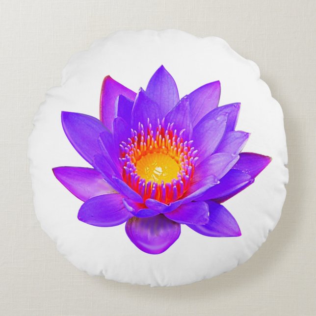 Cojín Redondo Flor de Loto Violeta sobre Blanco (Anverso)