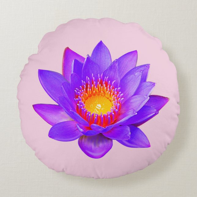Cojín Redondo Flor de Loto Violeta sobre Rosa Claro (Anverso)