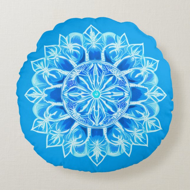 Cojín Redondo Flor de Mandala Batik en Turquesa (Anverso)