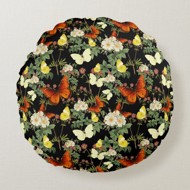 Cojín Redondo Flor de manzana y mariposas fondo negro (Anverso)