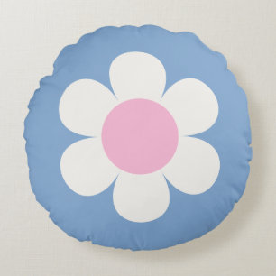 Cojín Redondo Flor de margarita retro - rosa y azul