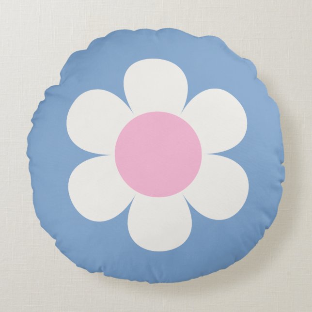 Cojín Redondo Flor de margarita retro - rosa y azul (Anverso)