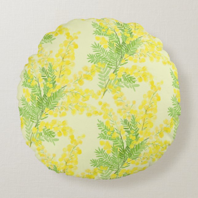 Cojín Redondo Flor de mimosa esponjosa amarilla (Anverso)