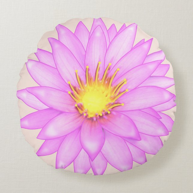 Cojín Redondo Flor de Nenúfar Rosa sobre Beige Claro (Anverso)