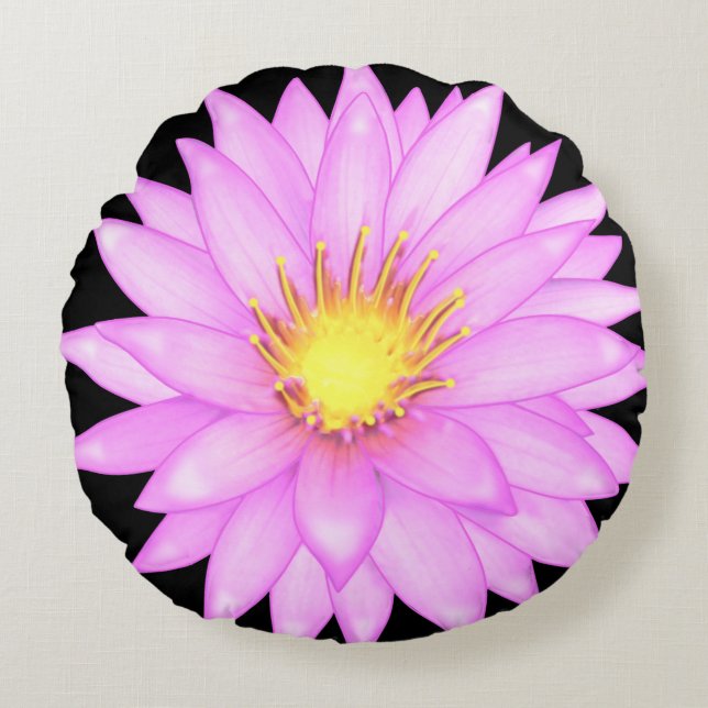 Cojín Redondo Flor de Nenúfar Rosa sobre Negro (Anverso)