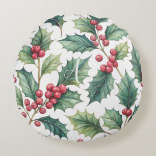 Cojín Redondo Flor de Nochebuena personalizada de Navidad acebo