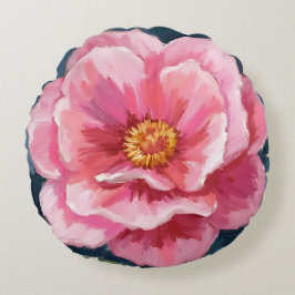 Cojín Redondo Flor de Peonía Rosa Acuarela Floral