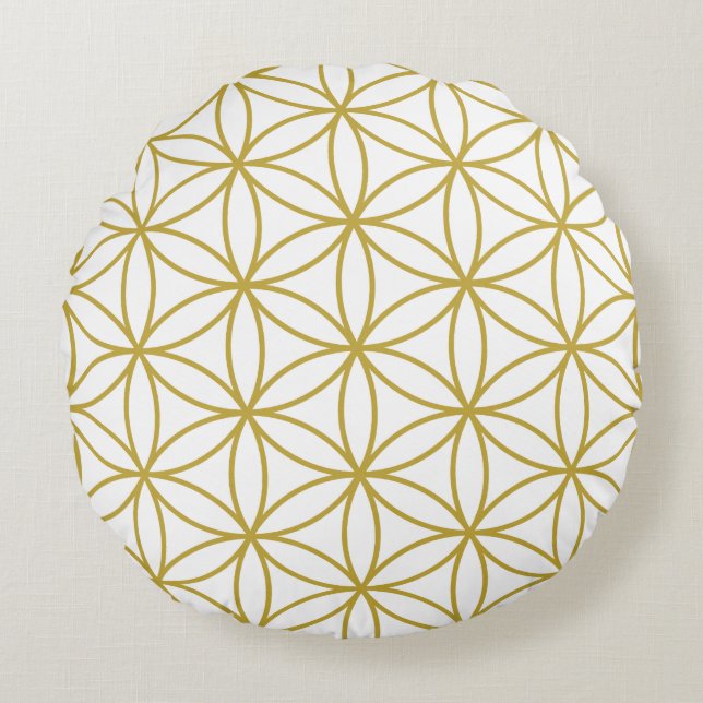 Cojín Redondo Flor de vida (2 vías) Ptn grande - blanco y oro (Anverso)