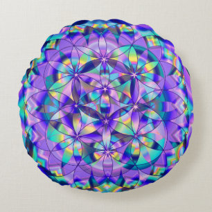 Cojín Redondo Flor de vida~almohada azul redonda