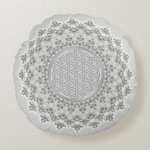 Cojín Redondo Flor de vida - Fractal Mandala gris verde