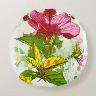 Cojín Redondo Flor del hibisco - pintura de la acuarela