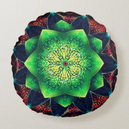 Cojín Redondo Flor digital verdosa y áspera sobre rojo