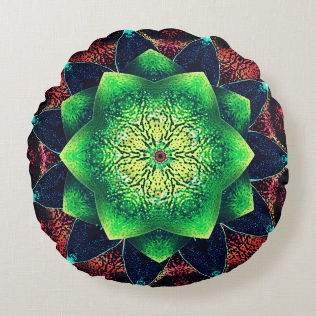 Cojín Redondo Flor digital verdosa y áspera sobre rojo (Anverso)