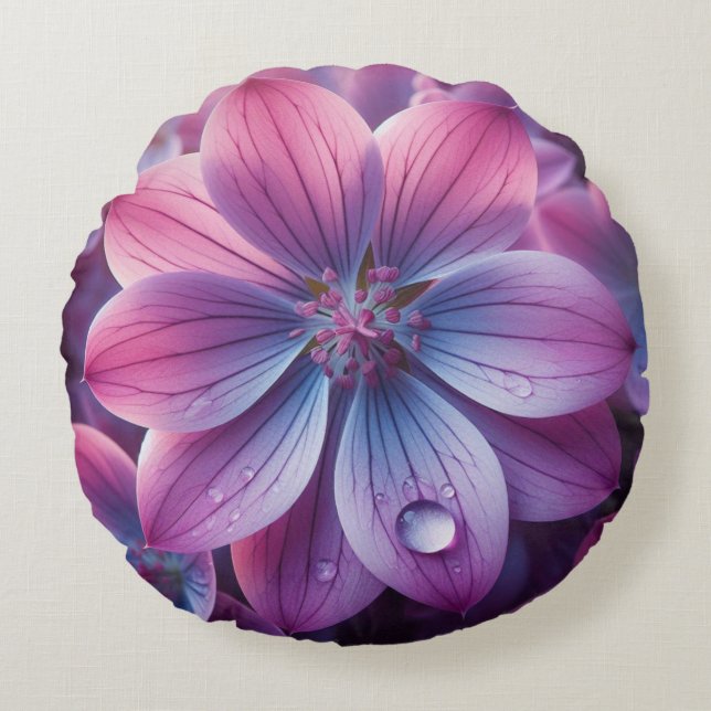 Cojín Redondo Flor floral púrpura y rosa de lago (Anverso)