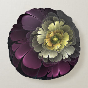 Cojín Redondo Flor Fractal Gris Purpura Moderna Abstracta