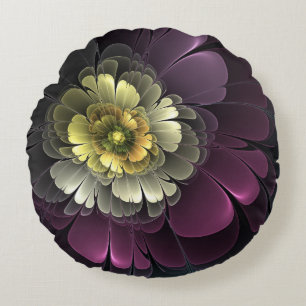 Cojín Redondo Flor Fractal Gris Purpura Moderna Abstracta