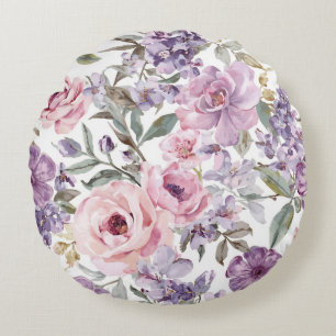 Cojín Redondo Flor Lavanda Rosa Acuarela Flor Púrpura