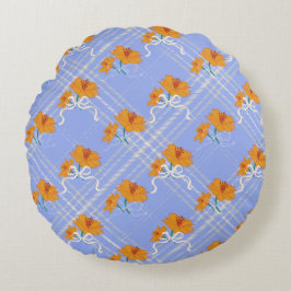 Cojín Redondo Flor Naranja suave sin foco en azul plaid