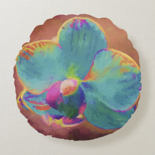 Cojín Redondo Flor orquídea pintando el marrón azul