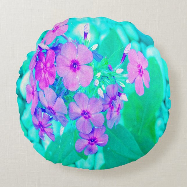 Cojín Redondo Flor Phlox de jardín rosado en Aquamarine (Anverso)