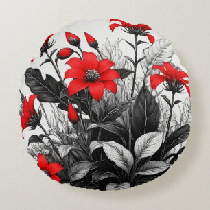 Cojín Redondo Flor Roja Sobre La Planta Blanca Negra