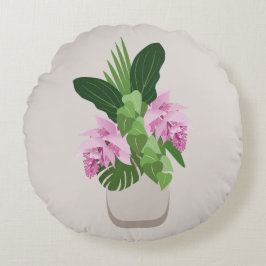 Cojín Redondo Flor rosa de Medinilla Tropical en Base Beige