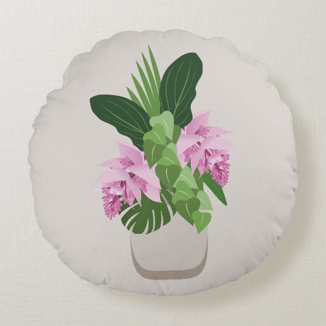 Cojín Redondo Flor rosa de Medinilla Tropical en Base Beige (Anverso)