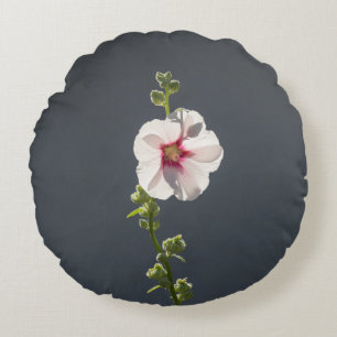 Cojín Redondo Flor rosa Mallow hojas verdes sobre gris oscuro